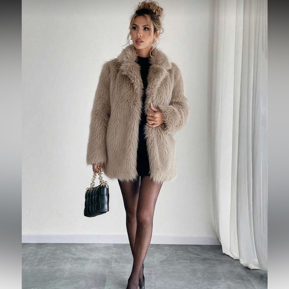 LAST CHANCE ❤️ Luxury faux fur coat lapel collar jacket tan brown - Picture 3 of 5